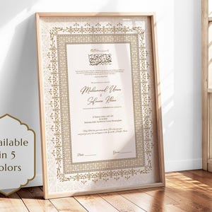 Luxury Nikah Nama printable Islamic wedding certificate, hand-drawn Muslim marriage contract with elegant design.