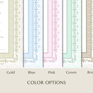 A collection of  nikkah certificate card designs with ornate borders in gold, blue, pink, green, and brown. Each card features a floral pattern and text, including names and event details. The cards are displayed against a neutral background, with the words 'COLOR OPTIONS' at the bottom.