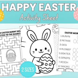 Può includere: Un foglio di attività di Buona Pasqua con sfondo azzurro chiaro, con un labirinto, un coniglietto con un uovo e un gioco di parole. Il testo include "Buona Pasqua" e "Foglio di attività". Due misure disponibili.