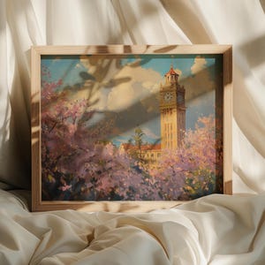 Vintage Clock Tower Oil Painting - Printable Grand Clock Tower Art, Blossoming Spring Scene, Rustic Wall Decor, Cottagecore Vintage Print 74