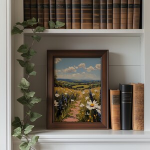 Arte de parede com paisagem de campo de flores silvestres para impressão - Pintura rústica de prado de verão, caminho natural cottagecore, decoração campestre terrosa