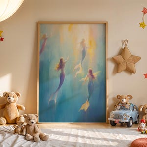 Mystical Mermaids Oil Painting - Graceful Underwater Scene, Enchanting Printable Wall Art, Coastal Cottage Decor, Digital Art Download 19