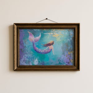 Pastelowa syrena – fantasy sztuka – drukowany podwodny obraz olejny, marzycielska dekoracja ścienna z motywem morza, kapryśna scena oceaniczna, cyfrowy wydruk wodny 188