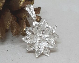 Ponsietta Pendant, Handmade Silver Ponsietta Necklace, Christmas Ponsietta Flower Pendant, Christmas Gifts, Sterling Silver Christmas Gifts