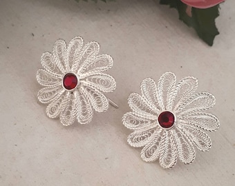 Stunning Flower Sterling Silver Filigree Earrings with hooks, Handmade in Malta Sterling Silver Filigree Flower Earrings