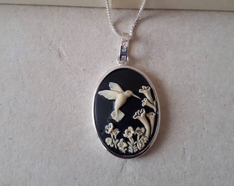 Hummingbird Jewellry, Sterling Silver Hummingbird Necklace, Hummingbird Cameo Necklace Handmade in Malta, Hummingbird Necklace