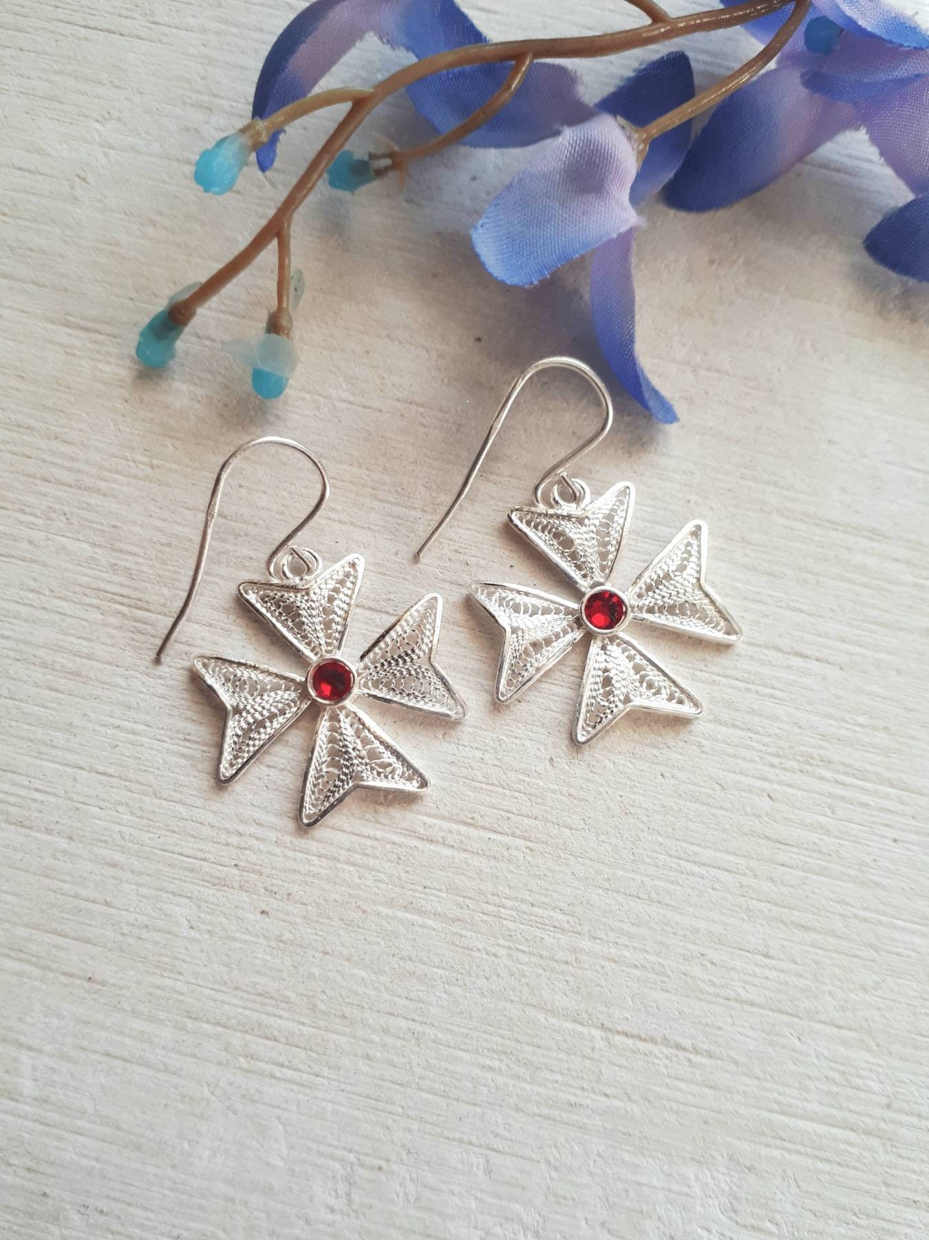 Sterling Silver Maltese Cross Filigree Earrings Handmade in Malta