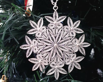 Silver Filigree Snowflake Christmas Decoration 7.70 cm, Christmas Tree Snowflakes Decorations Handmade in Malta, Unique Christmas Gifts