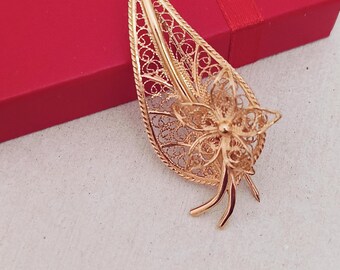 Sterling Silver Brooch,Filigree Leaf Brooch,Gold Plated Brooch,Silver Leaf Brooch,Maltese Filigree Brooch,Handmade in Malta Brooch