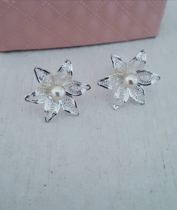 Boucles D'oreilles Argent 925 Plaqué Or - Motif Fleur émaillé, Filigrane, Dormeuses