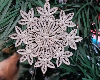 Silver Filigree Snowflake Christmas Decoration 5.50 cm, Christmas Tree Snowflakes Decorations Handmade in Malta, Unique Christmas Gifts