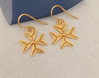 Maltese Cross Earrings 24ct Gold-Plated on Sterling Silver, Filigree Maltese Cross Earrings Handmade in Malta, Croce di Malta, Malta Gifts
