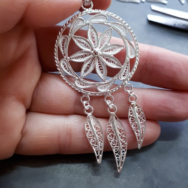 Dreamcatcher Pendant Sterling Silver Filigree Handmade in Malta, Unique Silver Filigree Dreamcatcher Pendant, Unique Gifts Ideas,