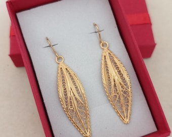 Intricate Filigree Leaf Earrings 24ct Gold plated on Sterling Silver Handmade in Malta, Gold Plated Leaf |Earrings, Filigree Dangle Earrings