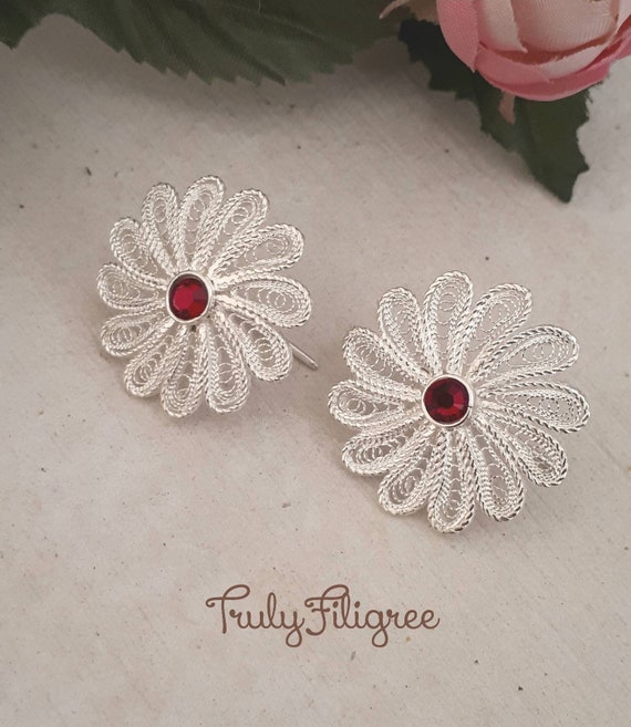 Flower Earrings Purple Crystal Rhinestone Center Sterling Silver Flower Earrings Purple Crystal Rhinestone Center Sterling Silver