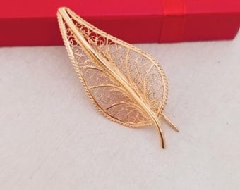Dainty and Intricate 24ct Gold Plated on Sterling Silver 925 Filigree Leaf Brooch, Gold Plated Filigree Leaf, Handmade Maltese Filigree