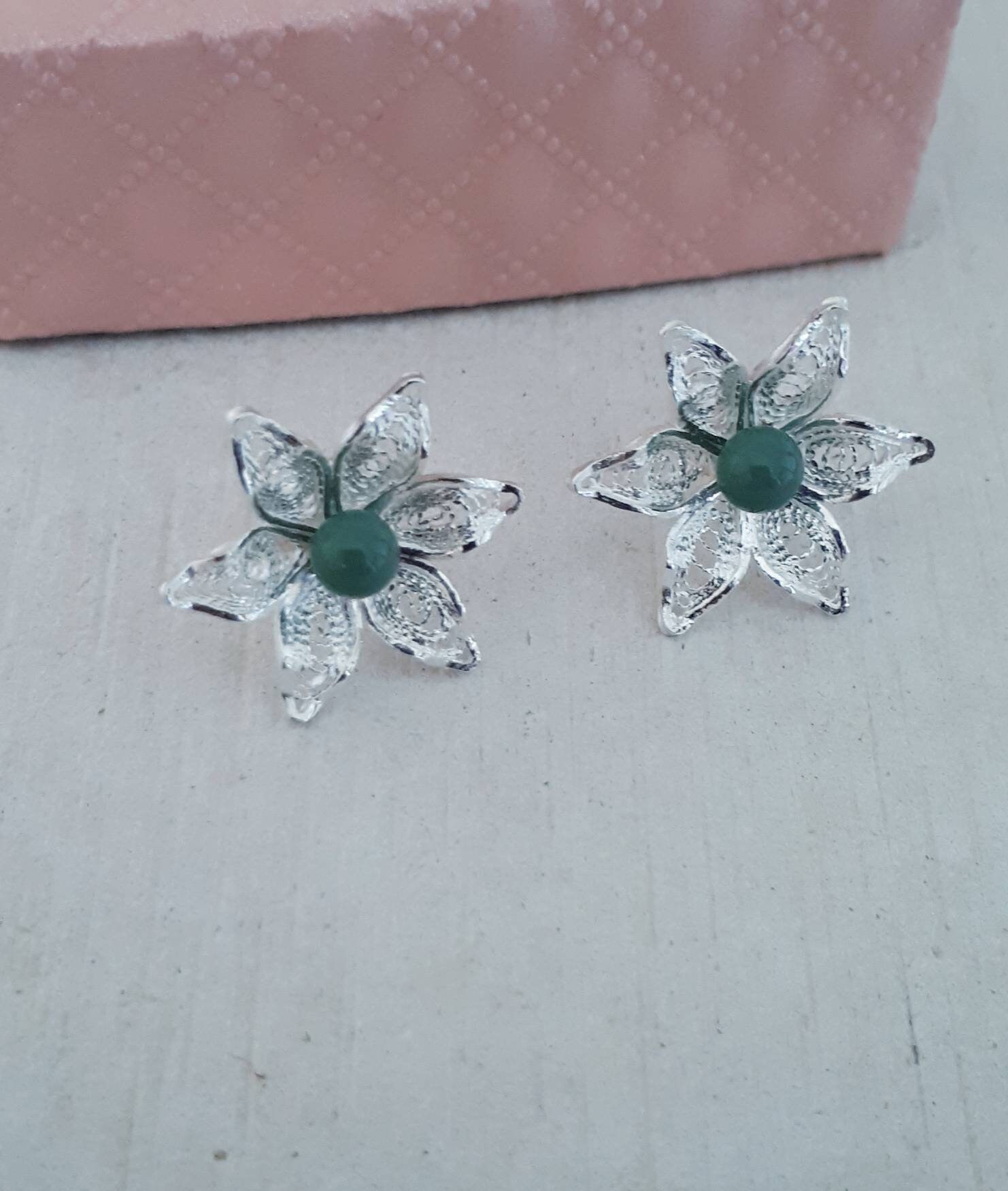 Boucles D'oreilles Argent 925 Plaqué Or - Fleur émail Bleu/blanc Filigrane - Dormeuses