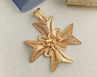 Maltese Cross Pendant, 24K Gold-Plated, Sterling Silver, 3.50cm, Filigree Maltese Cross Pendant, Croce di Malta, Malta Handmade Gifts.