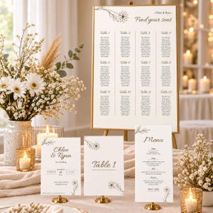 Pode incluir: Um conjunto de papelaria de casamento com um grande mapa de assentos num cavalete, um sinal de boas-vindas, um cartão de número de mesa e um menu. Itens brancos com arte floral castanha, texto Chloe & Ryan e listas de convidados.