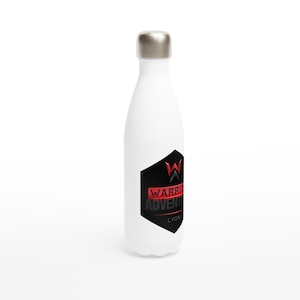 May include: White insulated water bottle with a silver cap. The bottle features a black and red logo that reads "WARRIOR ADVENTURE LYON". The bottle is designed to keep beverages cold or hot.