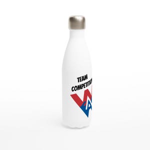 May include: White insulated water bottle with a silver cap. The bottle features the words "TEAM COMPETITION" in black, with a red and blue graphic below. The bottle is designed to keep beverages cold.