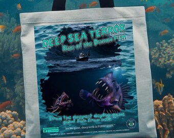 Deep Sea Terror: Rise of the Demon Fish (1974) Tote Bag | Demon Fish Monster Parody Carryall | Retro Ocean Horror Gift | VCD Design