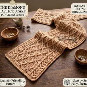 May include: A beige crochet scarf featuring a diamond lattice pattern with braided borders. The image includes text reading THE DIAMOND LATTICE SCARF PDF Crochet Pattern, Instant Digital Download, Beginner Friendly Pattern, and Step by Step Fully Illustrated.