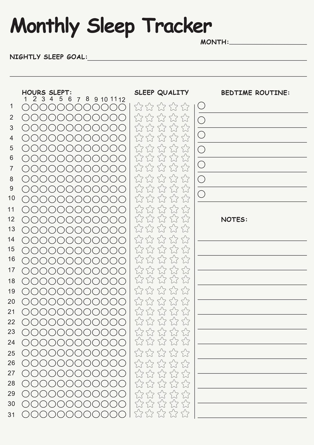 Printable Monthly Sleep Tracker: Bedtime & Sleep Quality Log (PDF ...
