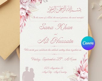May include: Wedding invitation with floral accents and the names Sana Khan and Ali Hussain. The invitation includes the date, time, and location of the event. The design features a soft color palette with a Canva logo.