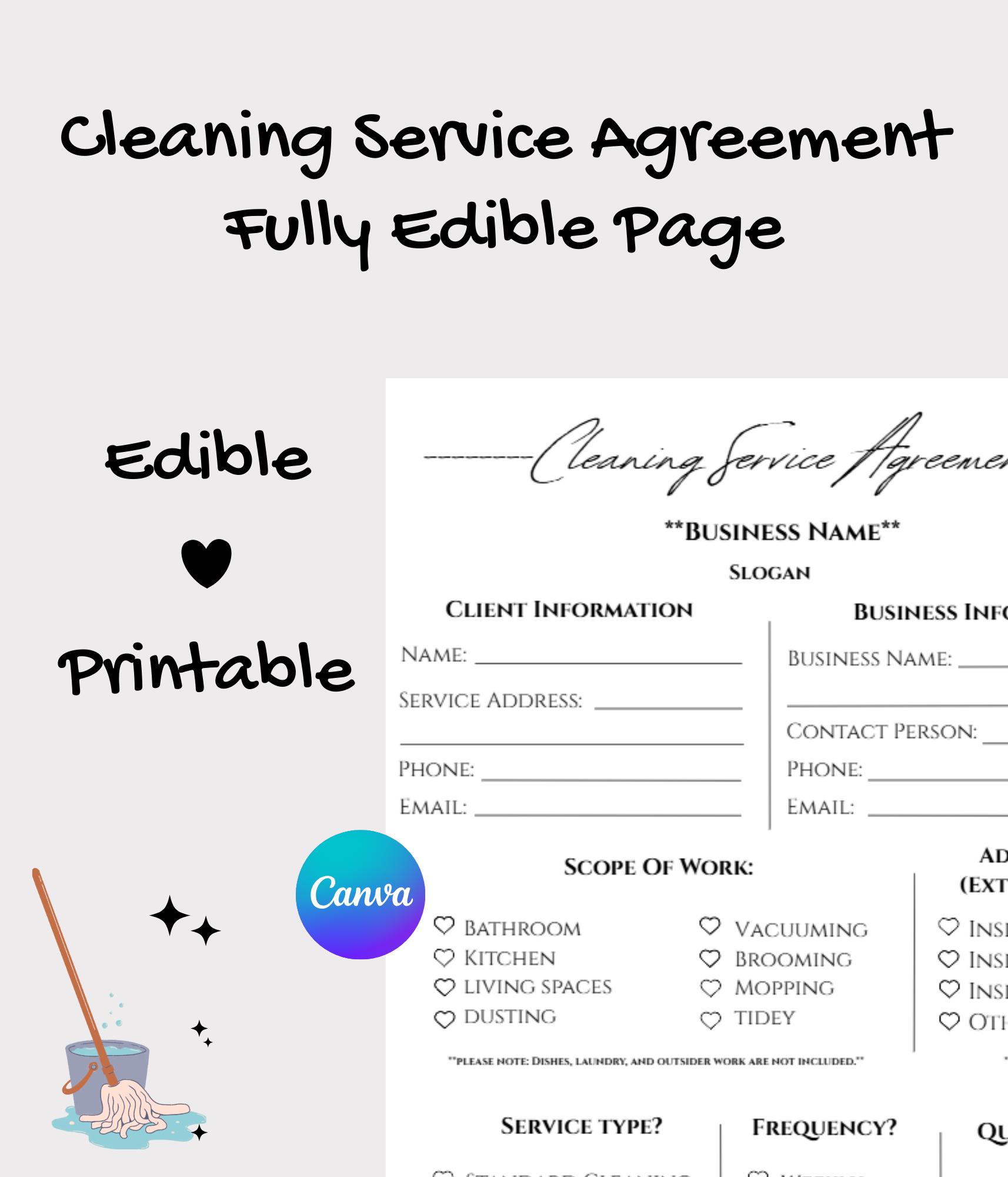 Cleaning Service Agreement Template Editable Cleaning Contract Small ...