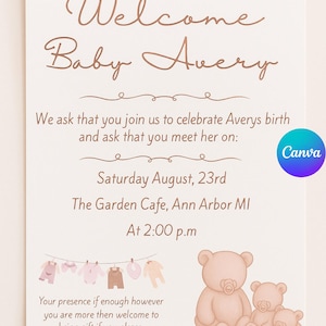 Puede incluir: Invitación a un baby shower con las palabras "Welcome Baby Avery" en una fuente de escritura. La invitación incluye detalles del evento, junto con ilustraciones de ropa de bebé y osos de peluche.