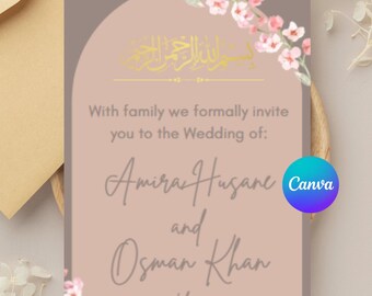 May include: A wedding invitation with a soft pink background and floral accents. The invitation includes the names Amira Husane and Osman Khan, with the date October 26, 2027. The Canva logo is visible.