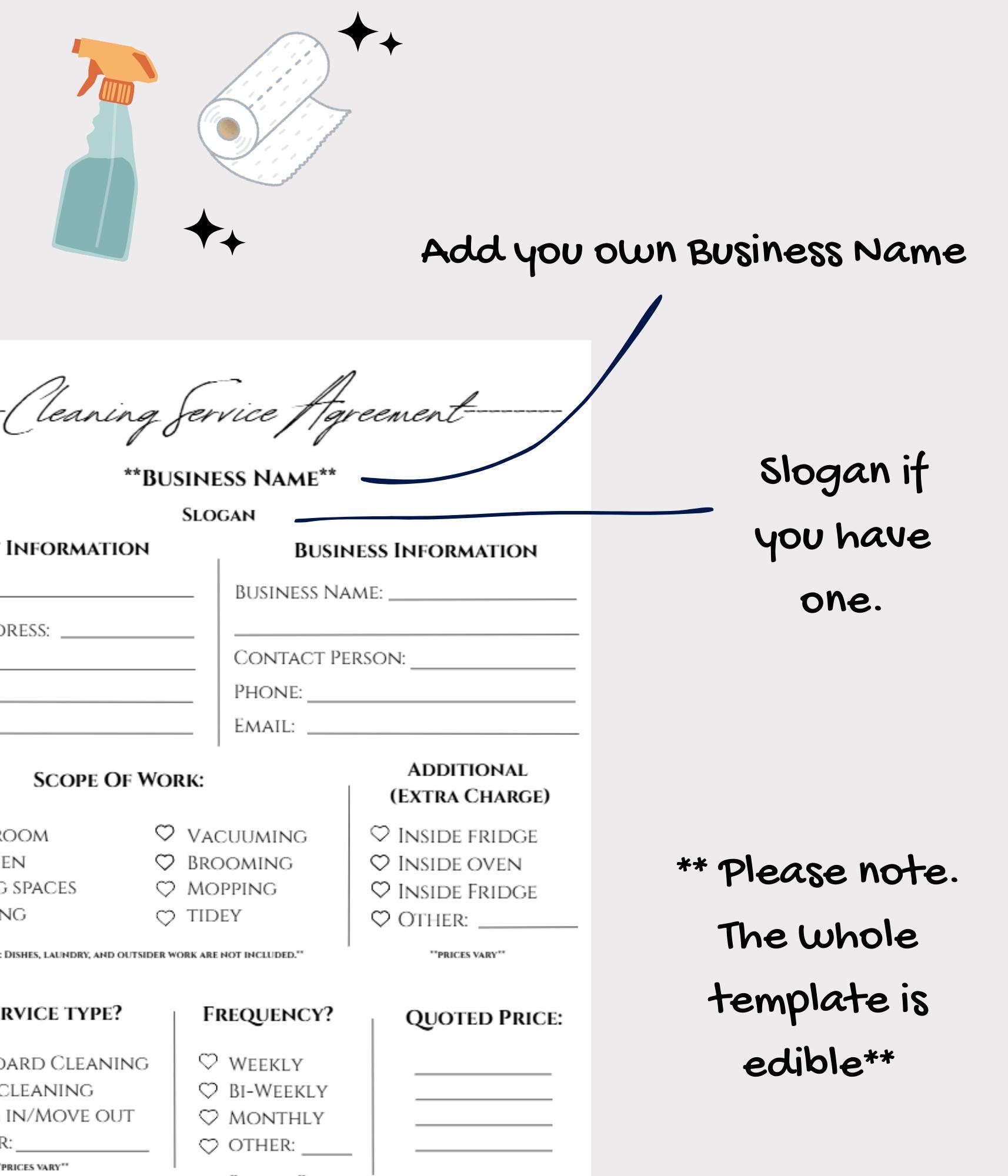 Cleaning Service Agreement Template Editable Cleaning Contract Small ...