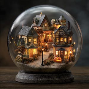 May include: A Halloween-themed snow globe featuring miniature houses with lit windows and a carved pumpkin. The houses are arranged along a cobblestone path, illuminated by street lamps, all encased in a clear glass globe.