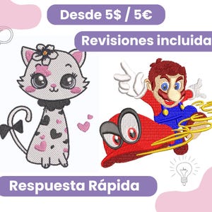 Puede incluir: Diseños bordados de un gato con una flor y corazones, y Mario con un sombrero rojo. El gato es blanco con detalles rosas y corazones negros. Mario viste un traje azul con un sombrero rojo. El texto incluye "Respuesta Rápida".