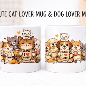 May include: Two white ceramic mugs with cartoon illustrations of cats and dogs. The mugs feature the text "CUTE CAT LOVER MUG & DOG LOVER MUG". Each mug has a handle and is filled with coffee. The cats and dogs are holding coffee cups.