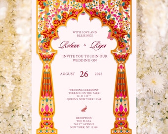 May include: Wedding invitation with an ornate design in gold, pink, teal, and red. The invitation includes the names Rohan & Riya, the date August 26, 2025, and wedding details. The design features an archway and columns.