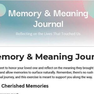 Op de afbeelding: Een dagboek getiteld "Memory & Meaning Journal" met de ondertitel "Reflecting on the Lives That Touched Us." De omslag van het dagboek heeft een gradiëntachtergrond met pastelkleuren. De tekst moedigt aan tot reflectie over gekoesterde herinneringen.