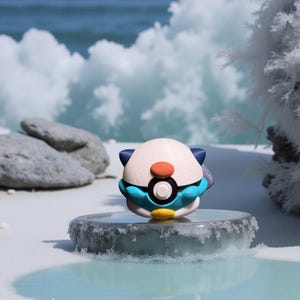 May include: A spherical character figurine featuring a pale pink head with dark blue ears, a central black and white circular emblem, bright blue accents, and a small yellow base. The object has a smooth, matte finish and a rounded, compact design.