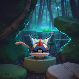 May include: A vibrant Pokemon character figure with blue, red, and white details, set against a blurred forest backdrop. The figure has a long, pink tongue and is displayed on a green, cylindrical platform. The scene evokes a fantasy theme.