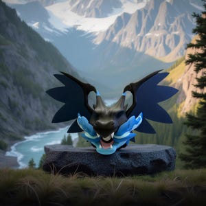 May include: A detailed sculpture of a dragon's head with blue and black wings and accents. The sculpture is displayed on a dark grey stone, set against a backdrop of mountains, a river, and a forest.
