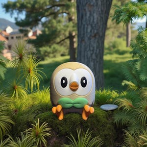 May include: A soft toy owl with a tan head, white face, and large black eyes. It has a green bow tie and orange feet. The owl is sitting on green moss, surrounded by greenery and trees in a natural setting.