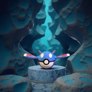 May include: A blue, red, and white stylized character with outstretched wings, perched on a small, round, gray pedestal. The character has white spots and red accents. The background features a blue, cave-like structure.