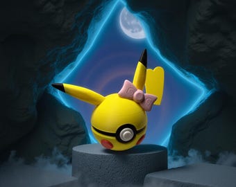 May include: A yellow Pikachu-inspired figure with black-tipped ears and tail, a pink bow, and a black and white circular design. The figure is set against a backdrop of a glowing blue square, a full moon, and a dark, rocky environment.