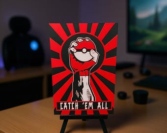 Poster “Catch ’Em All” with Stand: 3D Printed Desk & Shelf Decor