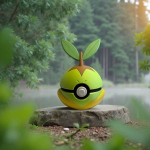 May include: A green and yellow character with two green leaves on top, a brown stem, and a black and white circle in the middle. The character is sitting on a rock in front of a lake and trees.