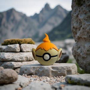 May include: A spherical, cartoon-like figure with a yellow body, orange hair, and ear-like features. The figure has a black and white circular design on its front. It is set on a stone surface with a mountainous backdrop.