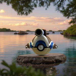 May include: A spherical, futuristic-looking device with a large cylindrical opening on top. The device is primarily beige, with white, blue, and brown accents. It sits on a stone in a body of water, with a scenic background of water and sky.