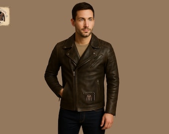 May include: A dark brown leather jacket with a classic biker style, featuring a notched collar, asymmetrical zipper, and multiple pockets. The jacket has a subtle sheen and a small emblem on the lower front. The model is wearing a tan shirt and dark blue jeans.