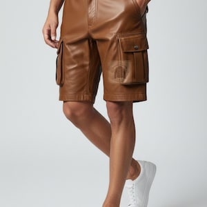 Mens Leather Cargo Shorts, Brown Genuine Leather Shorts, Motorcycle Biker Streetwear, Gift for Him, Western Punk Rock Utility Pocket Shorts